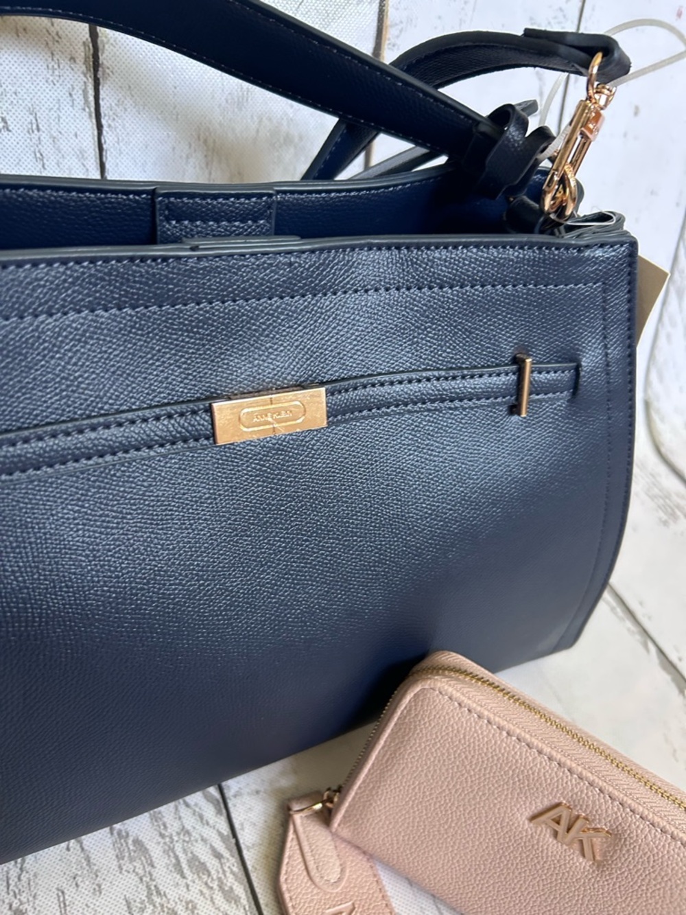 Anne Klein Navy Satchel Purse + Blush Pink Wallet & Scarf Accent Bundle - Picture 2 of 13